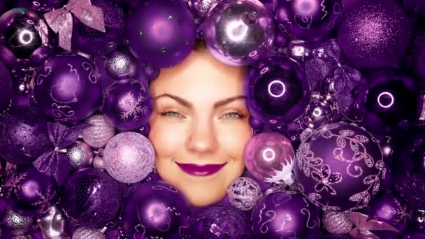 Young Pretty Woman Face Lights Joy Christmas Tree Toys Balls — Stock Video