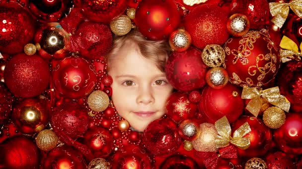 Toddler Boys Face Lights Joy Christmas Tree Toys Balls Wonder — Stock Video