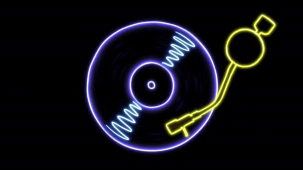 Neon Glowing Vinyl Record Spinning Tonearm Black Simple Animated Seamless — Stock Video