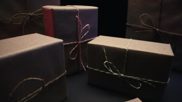 Gift Boxes Wrapped Craft Rustic Paper Recycle Packaging Macro Holiday — Stock Video