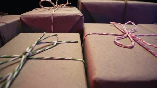Gift Boxes Wrapped Craft Rustic Paper Recycle Packaging Macro Holiday — Stock Video