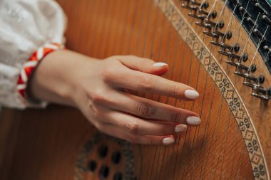 Geleneksel Ukrayna enstrümanı bandura ya da pandora çalan bir kadın. Yüksek kalite 