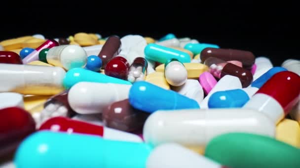 Colorful Drugs Antibiotic Capsules Cure Flu Medication Macro View Tablets — Stock Video