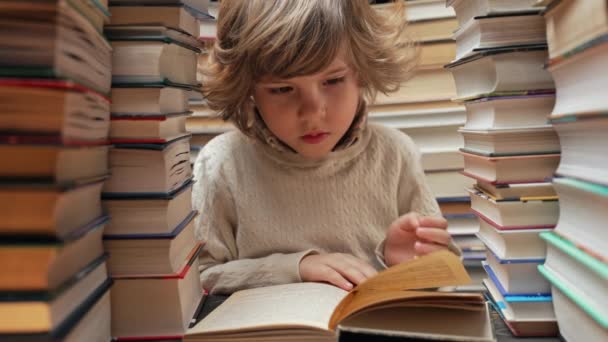 Ein Hübsches Kleines Kind Blättert Der Bibliothek Durch Die Buchseiten — Stockvideo
