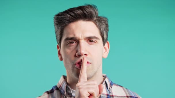 Handsome European Brunette Guy Gesture Shhh Secret Silence Conspiracy Gossip — Stock Video