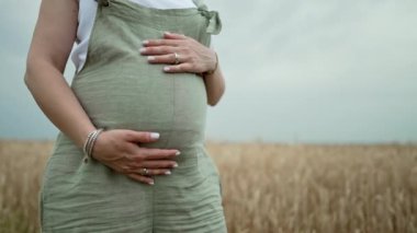 Hamile bir kadın buğday tarlasına dokunuyor, karnını okşuyor. Tanımlanamayan müstakbel anne bebek bekliyor. Sağlık hamileliği, mutlu annelik, annelik. Yüksek kalite 4k görüntü