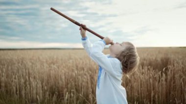 Tahta flüt çalan küçük çocuk - Ukrayna sopilkası, tylynka ya da buğday tarlasında pembe dizi. Halk müziği konsepti. Müzik aleti. Geleneksel işlemeli tişörtlü çocuk, Vyshyvanka. Çak bakalım.
