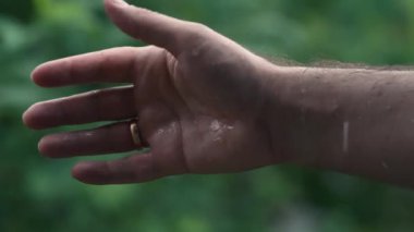 Yeşil tropikal arka planda yağmur damlaları yakalayan bir adam. Musonun tadını çıkarmak, çevre iyileştirme, tazelik, saflık, hayat veren güç. Yüksek kalite 4k görüntü