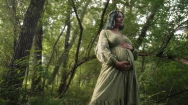 Tabiat ana kostüm, vahşi ormanda bir kadın bekliyor. 2Nd üç aylık dönemde karın şişliği. Hamilelik, annelik, annelik. Kadın vücudunun güzelliği. Yüksek kalite 4k görüntü