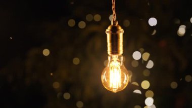 Bahçede asılı dekoratif eski Edison Tungsten filament lambası, parlayan, klasik ampul. Yaratıcı fikir, evrim, keşif, eureka Yüksek kalite 4k görüntü