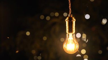 Bahçede asılı dekoratif eski Edison Tungsten filament lambası, parlayan, klasik ampul. Yaratıcı fikir, evrim, keşif, eureka Yüksek kalite 4k