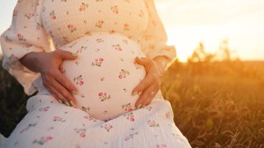 Bebek bekleyen mutlu anne karnında çocuk taşıyor. İnanılmaz annelik. Doğanın çayırında çimlerin üzerinde oturan güzel elbiseli hamile kadın. Yüksek kalite 
