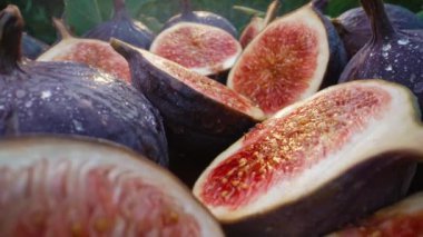 Kamera dilimlenmiş yarımlar, sağlıklı sulu incirler arasında hareket eder. Dolly Slider ekstrem makro. Mevsimlik meyve ayrıntıları, yakın çekim tohumları, Ficus carica dokusu. Yüksek kalite 4k görüntü