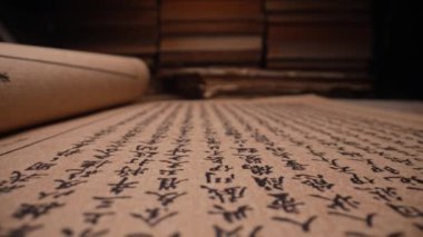 Makro kaydırma görüntüsü Çin 'in eski kitabının sayfalarını karıştırıyor. Çin dövüş sanatları sırrı, otantik Taijiquan. Yakın çekim hiyeroglifler ve semboller, kutsal yazıtları keşfetmek, edebiyat konsepti. Yüksek kalite 4k