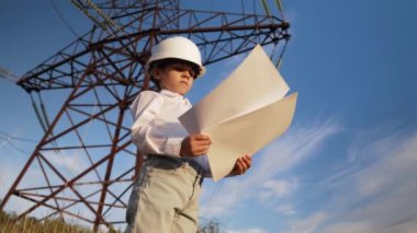 Mühendis gibi davranan küçük bir çocuk ya da kasklı bir yönetici. Gazete okuyor. Elektrik endüstrisi mesleği, aktarım elektrik hattı geçmişinde çok zeki bir çocuk. Yüksek kalite 4k