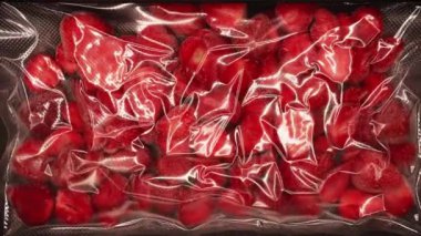 Paketleme cihazı vakumluyor, plastik torbadan taze organik çilek dilimleri ile hava çıkarıyor. Dondurucu deposu hazırlığı. Yüksek kalite 4k görüntü