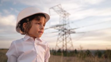 Güvenlik kaskı takan mühendis ya da yönetici rolündeki küçük çocuk. Elektrik endüstrisi işgali, elektrik voltaj kulelerinde çalışan çok zeki bir çocuk. Yüksek kalite 4k görüntü 