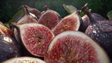 Kamera dilimlenmiş yarımlar, sağlıklı sulu incirler arasında hareket eder. Dolly Slider ekstrem makro. Mevsimlik meyve ayrıntıları, yakın çekim tohumları, Ficus carica dokusu. Yüksek kalite 4k görüntü