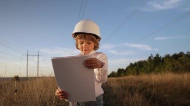 Anaokulu çocuğu mühendis ya da kasklı bir yönetici. Elektrik endüstrisinde iş, gercekten zeki bir cocuk elektrik voltaj kuleleri ile ilgili dokümanlari okuyor. Yüksek kalite 4k görüntü