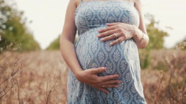 Bebek bekleyen mutlu anne karnında çocuk taşıyor. İnanılmaz annelik. Bahçe zemininde güzel elbiseli hamile bir kadın, kırsal kesimde. Yüksek kalite 