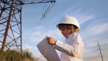 Güvenlik kaskı takan mühendis ya da yönetici rolündeki küçük çocuk. Elektrik endüstrisi işgali, elektrik voltaj kulelerinde çalışan çok zeki bir çocuk. Yüksek kalite 4k görüntü