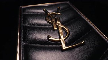 Moda Yves Saint Laurent Couture Mini Clutch Eyeshadow Palette - gözler için kozmetik. Güzellik reklamcılığı, makyaj aletleri konsepti. Makro ayrıntılı logo görüntüsü. Yüksek kalite 4k görüntü 