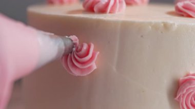 Tanınmayan Kadın Şef Bento Bisküvi Beyaz Pastası 'nı Krem Gül Çiçekleri ve Yaprakları ile süslüyor. Pasta Sanatı, Çiçek Detayları. Yüksek kalite 4k görüntü