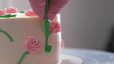 Tanınmayan Kadın Şef Bento Bisküvi Beyaz Pastası 'nı Krem Gül Çiçekleri ve Yaprakları ile süslüyor. Pasta Sanatı, Çiçek Detayları. Yüksek kalite 4k görüntü