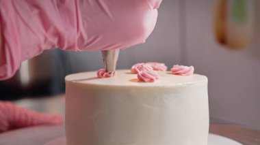 Tanınmayan Kadın Şef Bento Bisküvi Beyaz Pastası 'nı Krem Gül Çiçekleri ve Yaprakları ile süslüyor. Pasta Sanatı, Çiçek Detayları. Yüksek kalite 