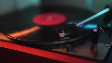 Klasik Vinil Plak Gece Mavi Işıkla Oynuyor. Makro. Döner tabaka, LP. Romantik koleksiyon, analog ses, aşk için güzel müzik, klasik estetik. Yüksek kalite 4k