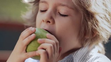 Tatlı sarışın çocuk olgun yeşil elma yiyor sağlıklı dişler, taze organik yiyecekler, pozitif kırsal çocukluk. Çiğnenebilen lezzetli bitkilerle inanılmaz bir sahne.