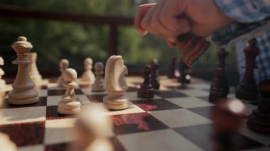 Küçük çocukların arkadaşları masa oyunu oynuyor. Çocuklar parçaları hareket ettirmeyi öğreniyor. Bishop gerçek hayatta satranç savaşında şövalyeyi ezer. Yüksek kalite 4k görüntü