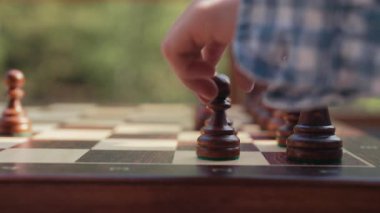 Satranç oynayan zeki çocuklar doğa arka planında entelektüel oyunlar oynarlar. Stratejistler, çocuklar, arkadaşlar, öğrenme oyunu, eğitim gelişimi. Yüksek kalite 4k görüntü