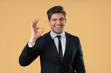 Olgun 30 'lu yaşlardaki iş adamı el işaretini onaylar. Mutlu patron yönetici, doğru seçim, harika bir anlaşma, bej rengi stüdyo geçmişi. Yüksek kalite 