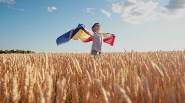 Rüzgarda dalgalanan Romanya bayrağını sallayan küçük çocuk. Romanyalılar derin tarım mirası, vatansever ruh, toprak, yeni nesil. Çiftçilik, Doğu Avrupa kimliği, bağımsızlık