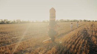 Dev T-Rex Tyrannosaurus dinozorları gibi giyinmiş biri parlak bir yaz gününde onları şakacı bir şekilde kovalarken çocukların kuru çayırlarda koştuğu komik bir sahne. Yüksek kalite 4k görüntü