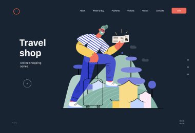 Travel shop -Online shopping and electronic commerce web template -modern flat vector concept illustration of a travelling man with case and ticket Promotion, discounts, sale and online orders concept