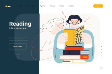 Yaşam tarzı web şablonu - Okuma - kitap okuyan bir erkek ve kadının modern düz vektör çizimi. İnsan aktiviteleri konsepti