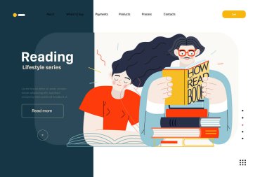 Yaşam tarzı web şablonu - Okuma - kitap okuyan bir erkek ve kadının modern düz vektör çizimi. İnsan aktiviteleri konsepti