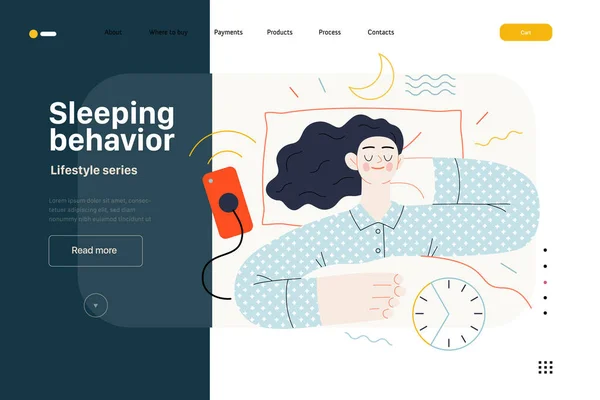 ライフスタイルのWebテンプレート 睡眠行動 女性の現代的なフラットベクトルイラスト彼女のベッドで寝て良い睡眠習慣の利点を示す 8時間通常の睡眠人々の活動の概念 — ストックベクタ