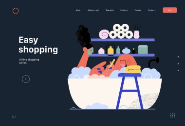 Easy shopping - Online shopping and electronic commerce web template - modern flat vector concept illustration of a woman taking a bath. Promotion, discounts, sale and online orders concept