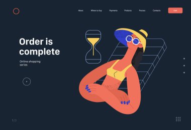 Order is complete - Online shopping and electronic commerce web template - modern flat vector concept illustration of a woman made an order and relaxing sunbathing. Sale and online orders concept