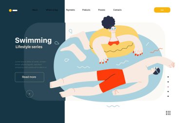 Yaşam tarzı web sitesi şablonu - yüzme - Havuzda yüzen bir erkek ve kadının modern düz vektör çizimi. İnsan aktiviteleri konsepti