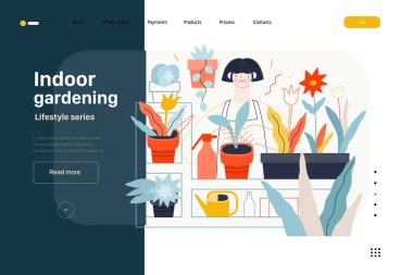 Yaşam tarzı web sitesi şablonu - kapalı alanda bahçe işleri - modern düz vektör çizimi evde bahçe işleriyle uğraşan bir kadın - ekme ve sulama. İnsan aktiviteleri konsepti
