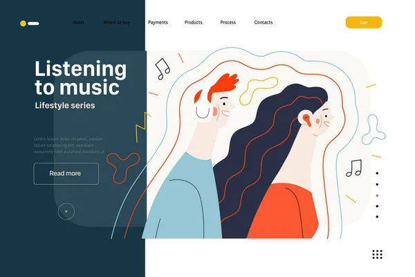 生活方式网络模板 听音乐 现代平面矢量插图 描述一个男人和一个女人 带着花蕾和耳机 听海浪环绕的音乐 人的活动概念 — 图库矢量图片