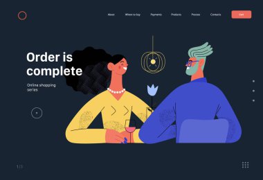 Order is complete - Online shopping and electronic commerce web template - modern flat vector concept illustration of couple sitting in restaurant. Promotion, discounts, sale and online orders concept