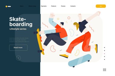 Yaşam tarzı web sitesi şablonu - kaykay - genç bir erkek ve kadın patencinin havada kaykay ile zıplamasının modern düz vektör çizimi.