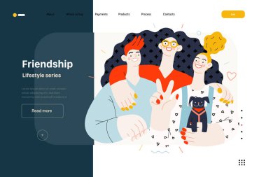 Yaşam tarzı web sitesi şablonu - arkadaşlık - mutlu erkek ve kadınların birbirine sarılıp poz vermelerinin modern düz vektör çizimi. İnsan aktiviteleri konsepti