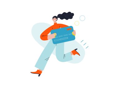 Çevrimiçi ödeme - Çevrimiçi alışveriş ve elektronik ticaret serisi - kredi kartı tutan genç bir kadının modern düz vektör konsepti. Terfi, indirim, satış ve online sipariş kavramı