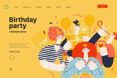 Yaşam tarzı web şablonu - doğum günü partisi - erkek ve kadınların doğum günlerini kutlayan, hediyeler veren modern düz vektör çizimi. İnsan aktiviteleri konsepti